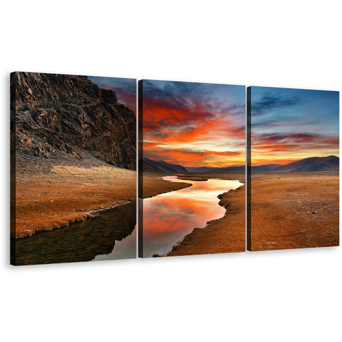 Gobi Desert Wall Art, Brown Mongolian Desert 3 Piece Canvas Print, Orange Sky Sunrise Landscape Canvas Set