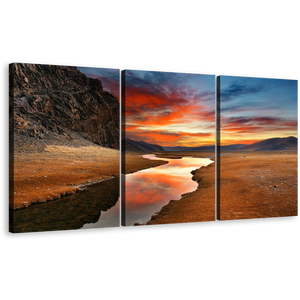 Gobi Desert Wall Art, Brown Mongolian Desert 3 Piece Canvas Print, Orange Sky Sunrise Landscape Canvas Set