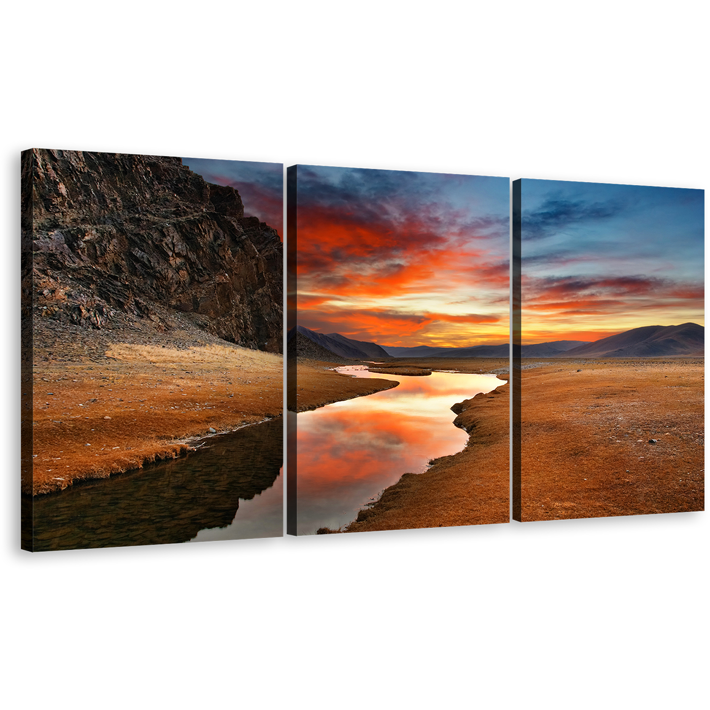 Gobi Desert Wall Art, Brown Mongolian Desert 3 Piece Canvas Print, Orange Sky Sunrise Landscape Canvas Set