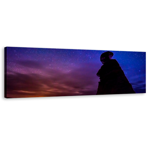 Goblin Valley Canvas Wall Art, Blue Purple Night Sky Stars Panoramic Canvas Print, Eroded Hoodoos Desert Mountains Landscape 1 Piece Canvas