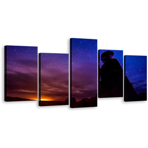 Goblin Valley Canvas Wall Art, Blue Purple Night Sky Stars Panoramic Canvas Print, Eroded Hoodoos Desert Mountains Landscape 1 Piece Canvas