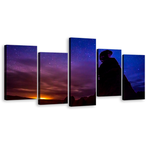 Goblin Valley Canvas Wall Art, Blue Purple Night Sky Stars Panoramic Canvas Print, Eroded Hoodoos Desert Mountains Landscape 1 Piece Canvas