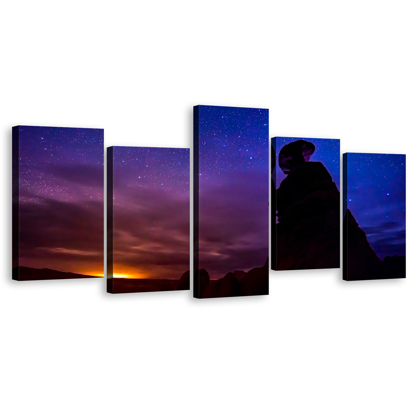 Goblin Valley Canvas Wall Art, Blue Purple Night Sky Stars Panoramic Canvas Print, Eroded Hoodoos Desert Mountains Landscape 1 Piece Canvas