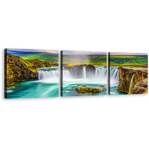 Godafoss Waterfall Canvas Print, Sea Green Skjalfandafljot River Waterfall Canvas Set, Beautiful Colorful Waterfall Iceland 3 Piece Canvas Wall Art