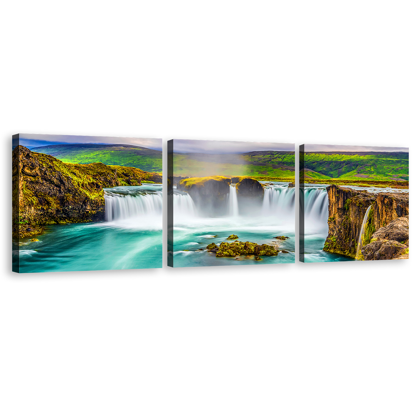 Godafoss Waterfall Canvas Print, Sea Green Skjalfandafljot River Waterfall Canvas Set, Beautiful Colorful Waterfall Iceland 3 Piece Canvas Wall Art