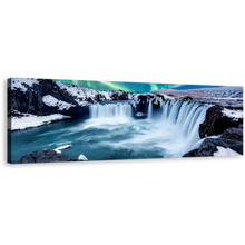 Load image into Gallery viewer, Godafoss Waterfall Canvas Wall Art, Amazing Blue Waterfall in Iceland 1 Piece Canvas Print, Green Northern Lights Waterfall Wide Canvas
