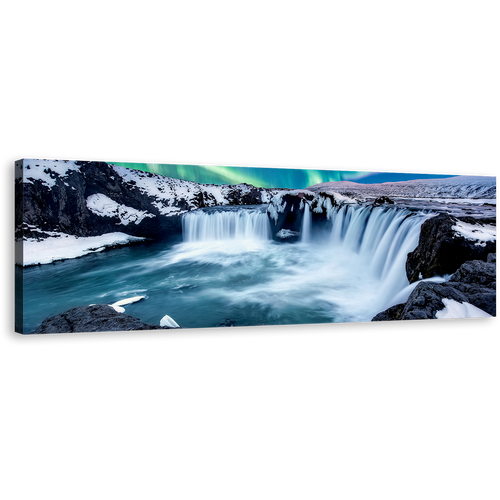 Godafoss Waterfall Canvas Wall Art, Amazing Blue Waterfall in Iceland 1 Piece Canvas Print, Green Northern Lights Waterfall Wide Canvas