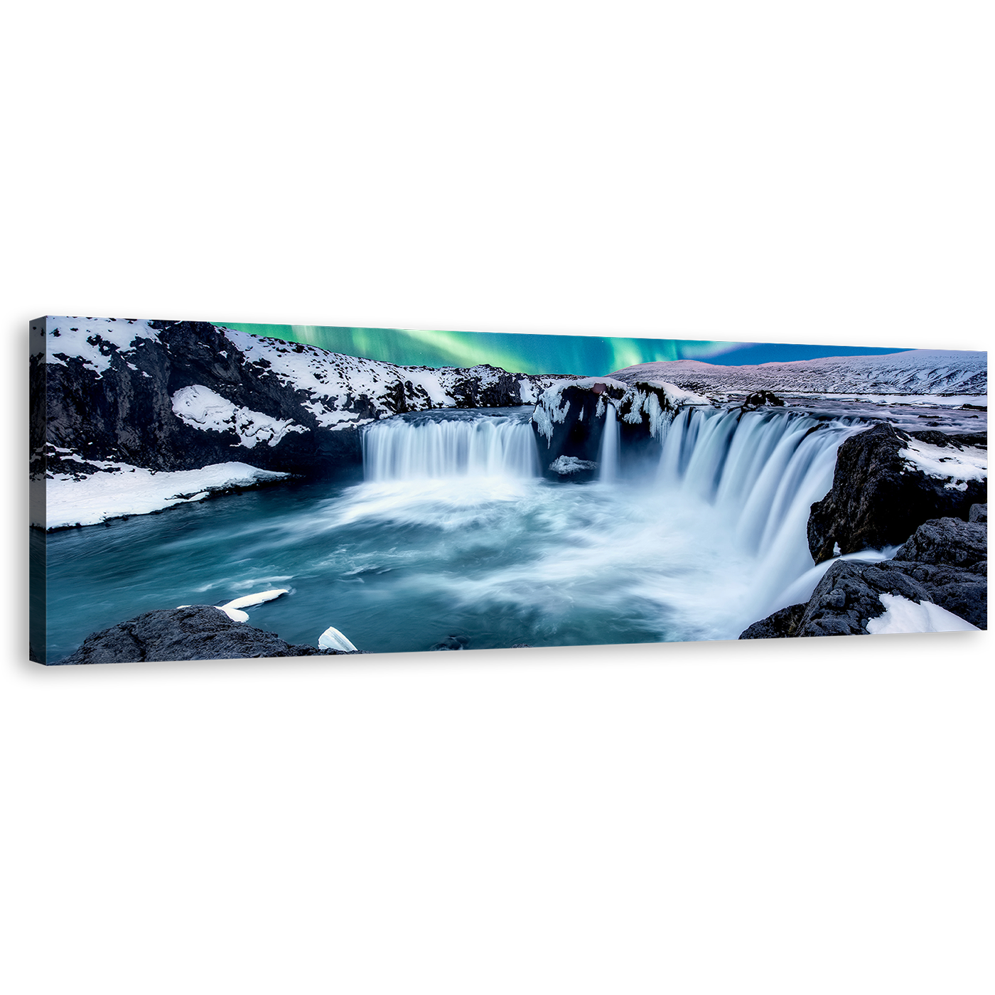 Godafoss Waterfall Canvas Wall Art, Amazing Blue Waterfall in Iceland 1 Piece Canvas Print, Green Northern Lights Waterfall Wide Canvas