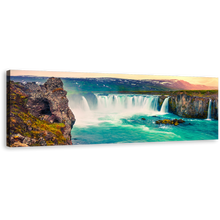 Load image into Gallery viewer, Godafoss Waterfall Canvas Wall Art, Sea Green Skjalfandafljot River Panoramic Canvas Print, Europe Brown Landscape Iceland Waterfall Wide Canvas
