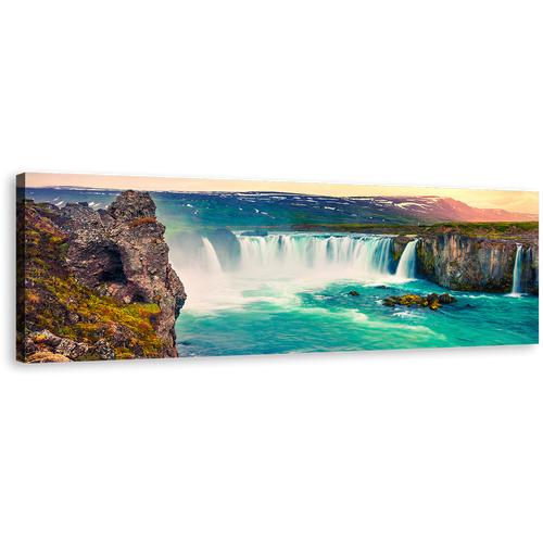 Godafoss Waterfall Canvas Wall Art, Sea Green Skjalfandafljot River Panoramic Canvas Print, Europe Brown Landscape Iceland Waterfall Wide Canvas