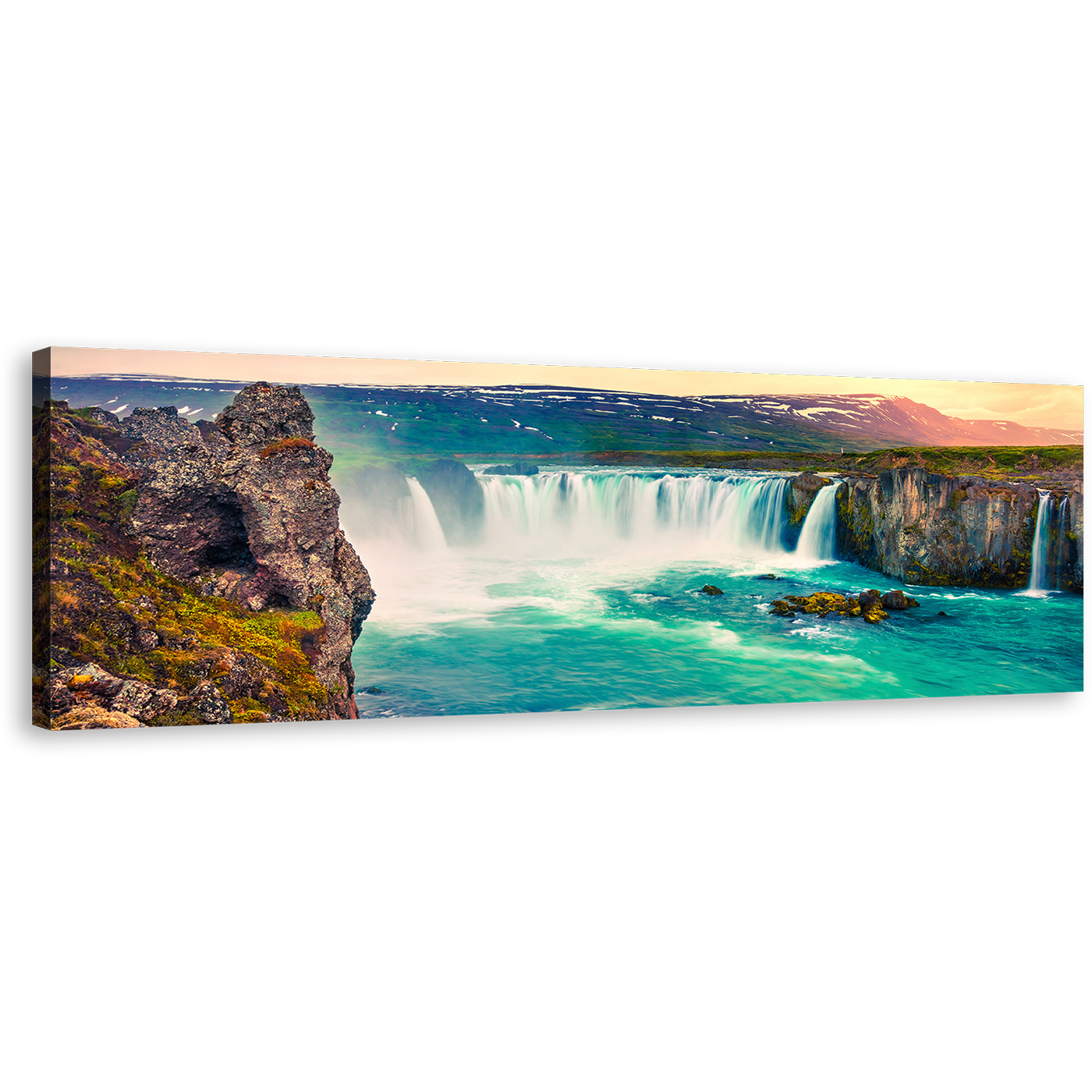 Godafoss Waterfall Canvas Wall Art, Sea Green Skjalfandafljot River Panoramic Canvas Print, Europe Brown Landscape Iceland Waterfall Wide Canvas