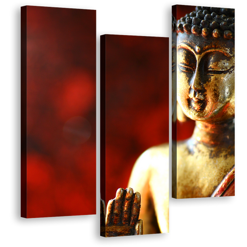 Gold Buddha Canvas Wall Art, Mind Soul Triptych Canvas Print, Red 3 Piece Canvas