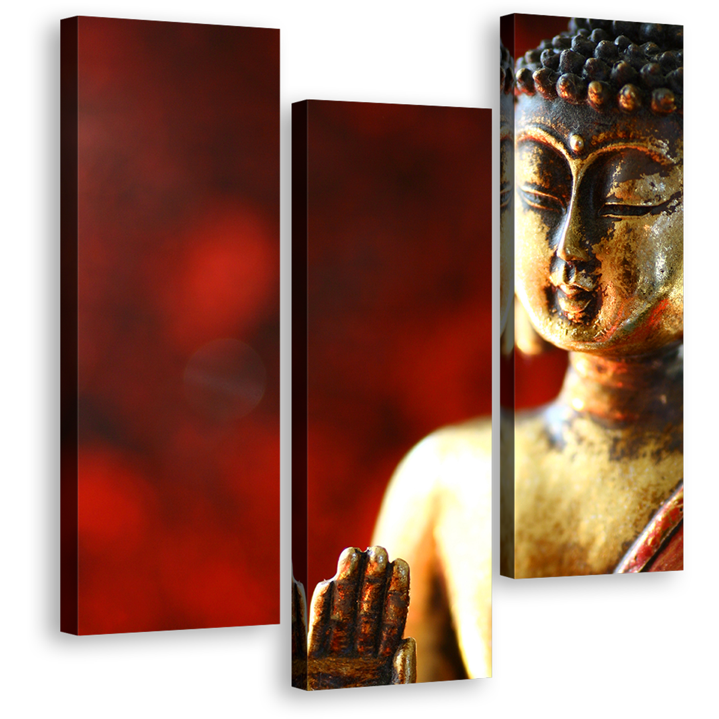 Gold Buddha Canvas Wall Art, Mind Soul Triptych Canvas Print, Red 3 Piece Canvas