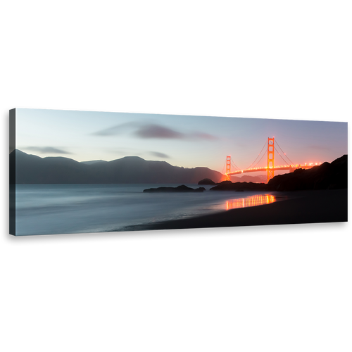 Gold Gate Bridge Canvas Wall Art, Orange San Francisco City Bridge Panoramic Canvas, Amazing Grey Dusk 1 Piece Canvas Print