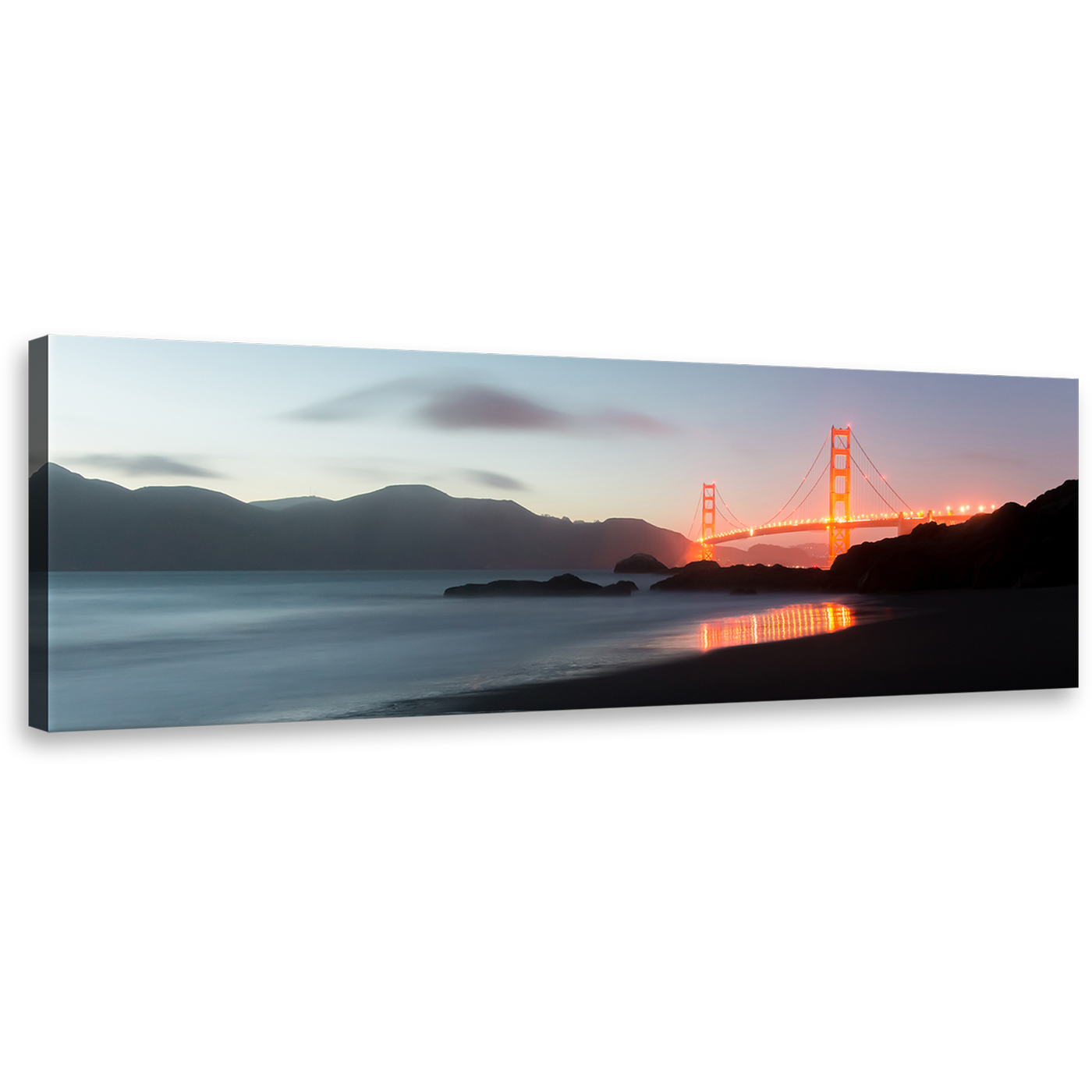 Gold Gate Bridge Canvas Wall Art, Orange San Francisco City Bridge Panoramic Canvas, Amazing Grey Dusk 1 Piece Canvas Print