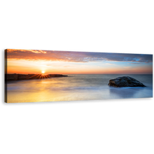 Load image into Gallery viewer, Gold Sunrise Canvas Print, Grey Ocean Rocks Calm Sea Panoramic Canvas, Orange Dawn Sky Streaming Canvas Wall Art
