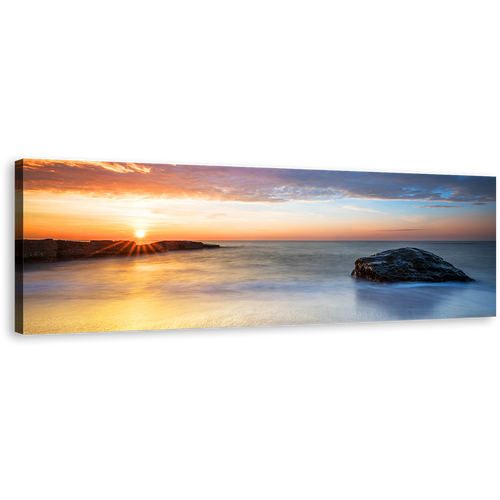 Gold Sunrise Canvas Print, Grey Ocean Rocks Calm Sea Panoramic Canvas, Orange Dawn Sky Streaming Canvas Wall Art