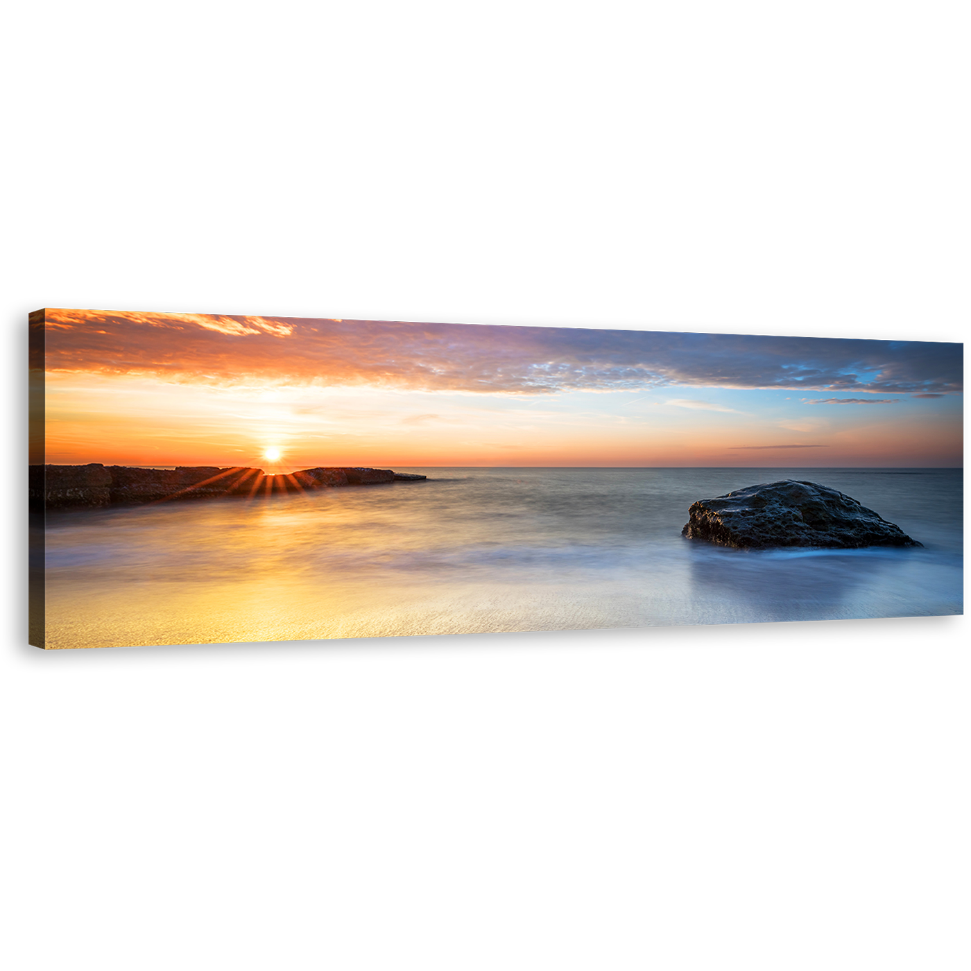 Gold Sunrise Canvas Print, Grey Ocean Rocks Calm Sea Panoramic Canvas, Orange Dawn Sky Streaming Canvas Wall Art