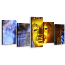 Load image into Gallery viewer, Golden Buddha Canvas Wall Art, Beautiful Peaceful Buddha Mind and Soul 5 Piece Canvas Multi-panel Print
