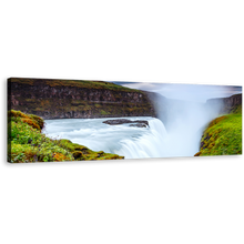 Load image into Gallery viewer, Golden Falls Canvas Print, White River in Iceland Europe Panoramic Canvas Wall Art, Iconic Waterfall Green Landscape Wide Canvas
