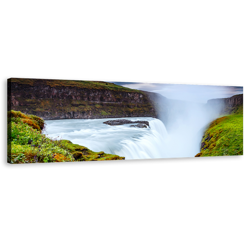 Golden Falls Canvas Print, White River in Iceland Europe Panoramic Canvas Wall Art, Iconic Waterfall Green Landscape Wide Canvas