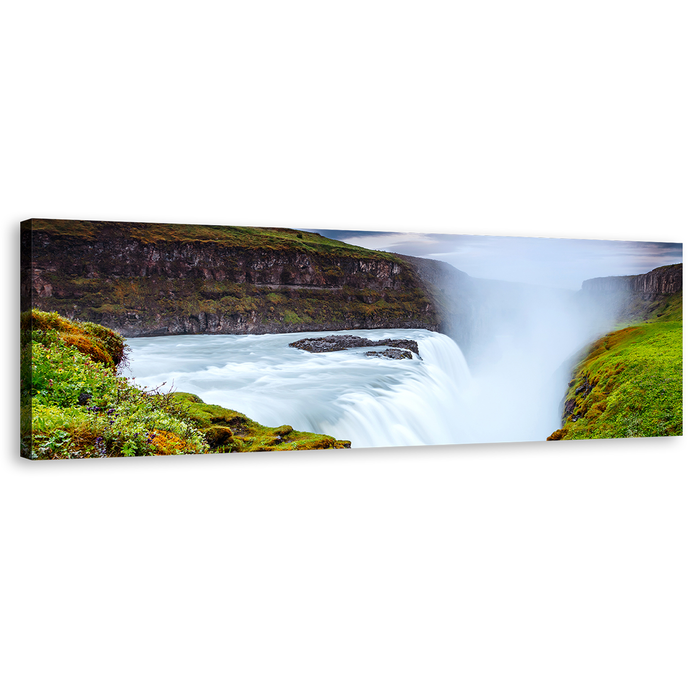 Golden Falls Canvas Print, White River in Iceland Europe Panoramic Canvas Wall Art, Iconic Waterfall Green Landscape Wide Canvas