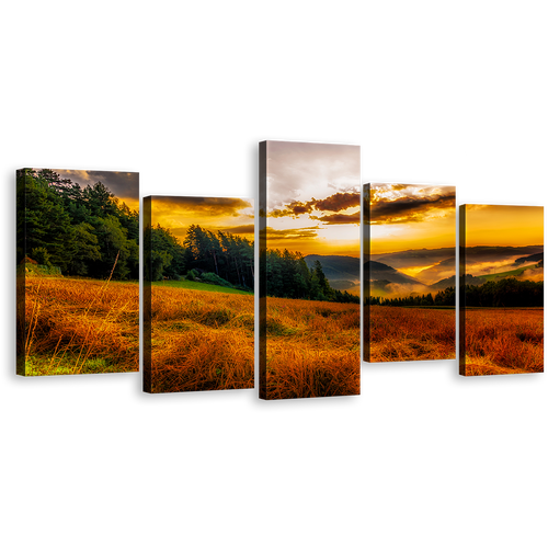 Golden Sunrise Canvas Print, Green Trees Mountain Hill Rural Landscape Wall Art, Yellow Sun Rays Scenery Horizon 5 Piece Multi Canvas