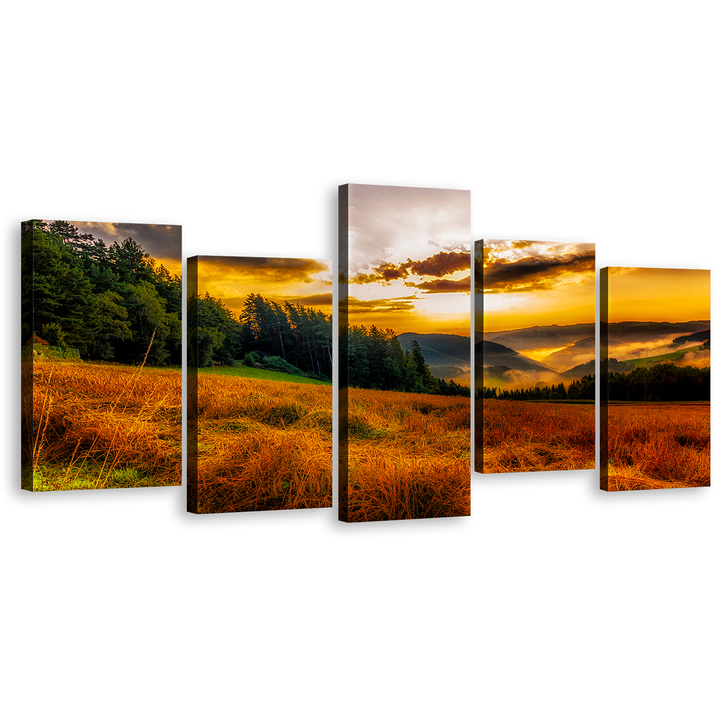 Golden Sunrise Canvas Print, Green Trees Mountain Hill Rural Landscape Wall Art, Yellow Sun Rays Scenery Horizon 5 Piece Multi Canvas