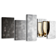 Load image into Gallery viewer, Golden Wine Canvas Wall Art, Champagne Drink Glasses 5 Piece Canvas, Yellow Black Winery Glasses Canvas Print
