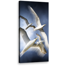 Load image into Gallery viewer, Graceful Dove Canvas Print, Flock of White Birds Vertical Wall Art, Birds Soaring In Blue Sky Canvas Art
