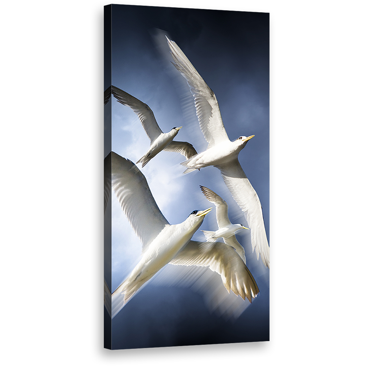 Graceful Dove Canvas Print, Flock of White Birds Vertical Wall Art, Birds Soaring In Blue Sky Canvas Art