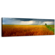 Load image into Gallery viewer, Grain Field Canvas Print, Grey Storm Clouds Canvas Wall Art, Orange Green Field Scenery Panoramic Canvas Artwork
