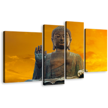 Load image into Gallery viewer, Grand Buddha Canvas Wall Art, Hong kong Yellow Sunset Buddha 4 Piece Canvas, Brown Buddha Statue Blessing Canvas Print
