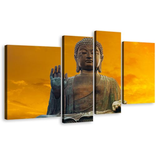 Grand Buddha Canvas Wall Art, Hong kong Yellow Sunset Buddha 4 Piece Canvas, Brown Buddha Statue Blessing Canvas Print