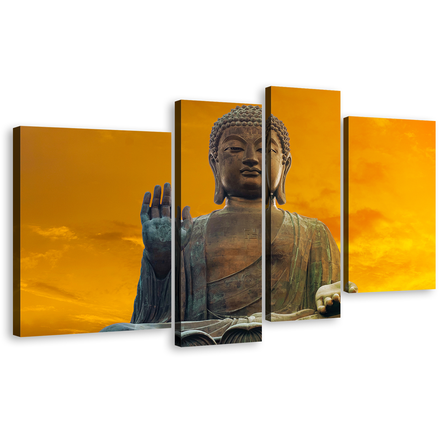 Grand Buddha Canvas Wall Art, Hong kong Yellow Sunset Buddha 4 Piece Canvas, Brown Buddha Statue Blessing Canvas Print