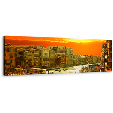 Load image into Gallery viewer, Grand Canal Canvas Print, Italy Harbor City View Canvas Art, Venice Orange Yellow Sunset Gondola Ride Panoramic Wall Art
