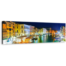 Load image into Gallery viewer, Grand Canal Canvas Wall Art, Yellow Orange Italy Harbor City Wide Canvas Print, Venice at Blue Night Sky 1 Piece Canvas
