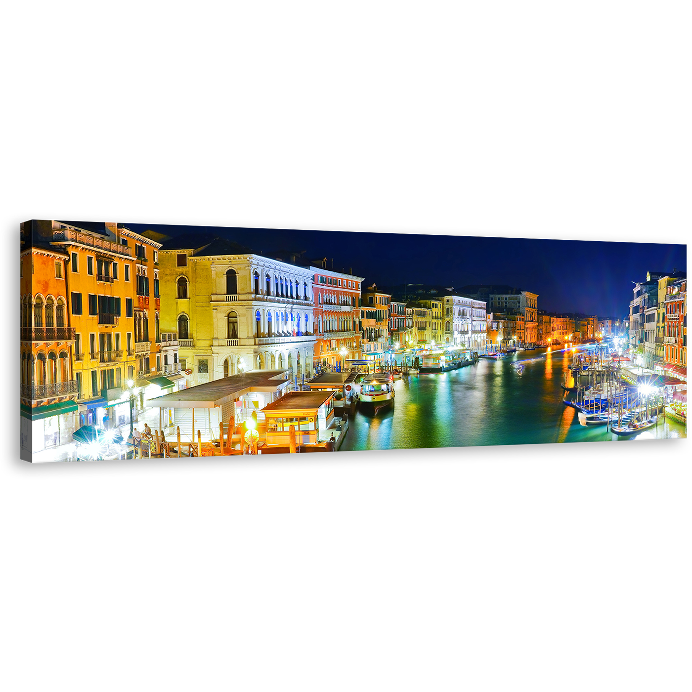 Grand Canal Canvas Wall Art, Yellow Orange Italy Harbor City Wide Canvas Print, Venice at Blue Night Sky 1 Piece Canvas