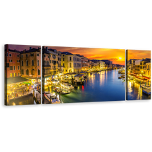 Load image into Gallery viewer, Grand Canal Wall Art, Italy Boats Orange Sunset Sky 3 Piece Canvas Print, Beautiful Blue Venice River Wide Multi Canvas
