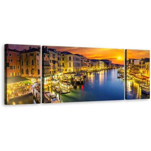 Grand Canal Wall Art, Italy Boats Orange Sunset Sky 3 Piece Canvas Print, Beautiful Blue Venice River Wide Multi Canvas