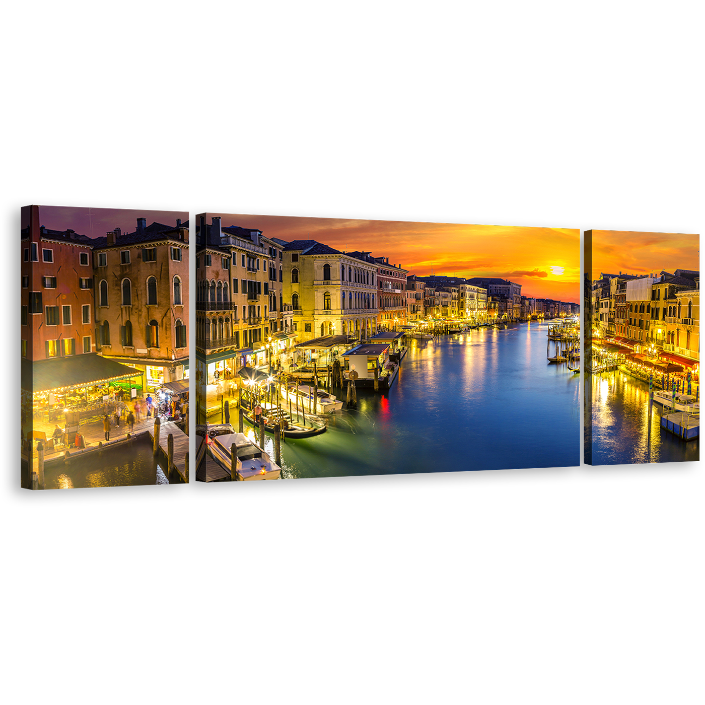 Grand Canal Wall Art, Italy Boats Orange Sunset Sky 3 Piece Canvas Print, Beautiful Blue Venice River Wide Multi Canvas