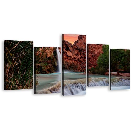 Grand Canyon Canvas Print, Arizona Brown Mountain Waterfall Multi Canvas Artwork, White Havasu Falls Scenery 5 Piece Canvas Wall Art