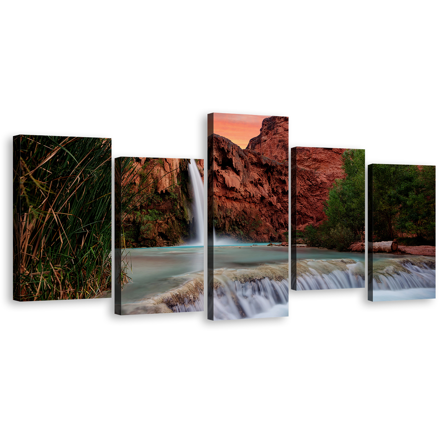 Grand Canyon Canvas Print, Arizona Brown Mountain Waterfall Multi Canvas Artwork, White Havasu Falls Scenery 5 Piece Canvas Wall Art