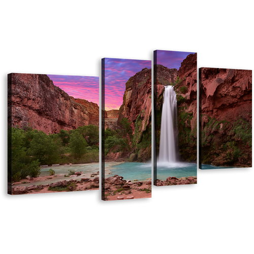 Grand Canyon Canvas Print, Arizona White Havasu Falls 4 Piece Canvas Wall Art, Brown Mountain Waterfall Multi Canvas