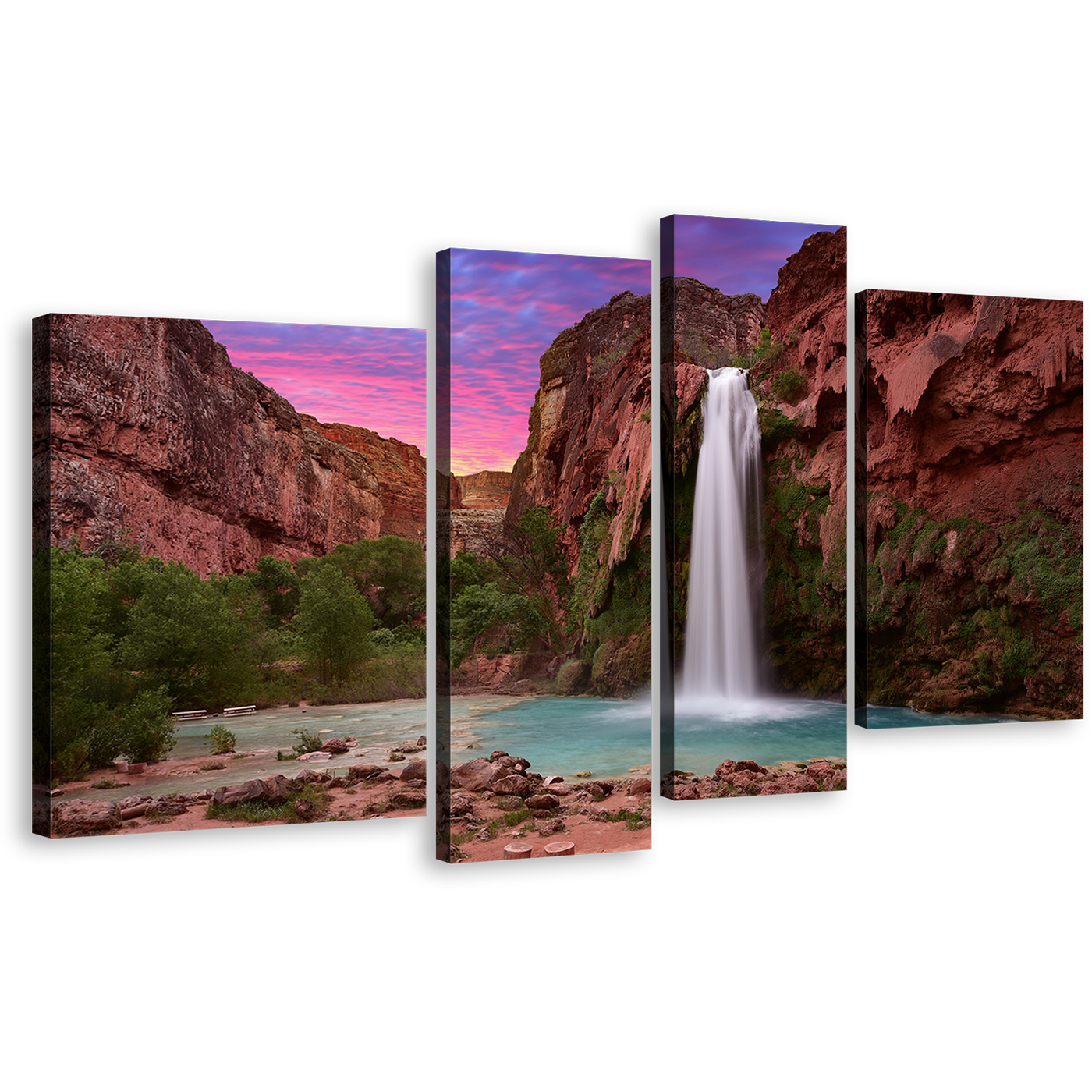 Grand Canyon Canvas Print, Arizona White Havasu Falls 4 Piece Canvas Wall Art, Brown Mountain Waterfall Multi Canvas