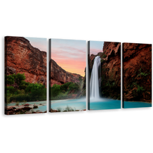 Load image into Gallery viewer, Grand Canyon Canvas Print, Blue Havasu Falls Lake 4 Piece Canvas Wall Art, Arizona Brown Mountain Waterfall Canvas Set
