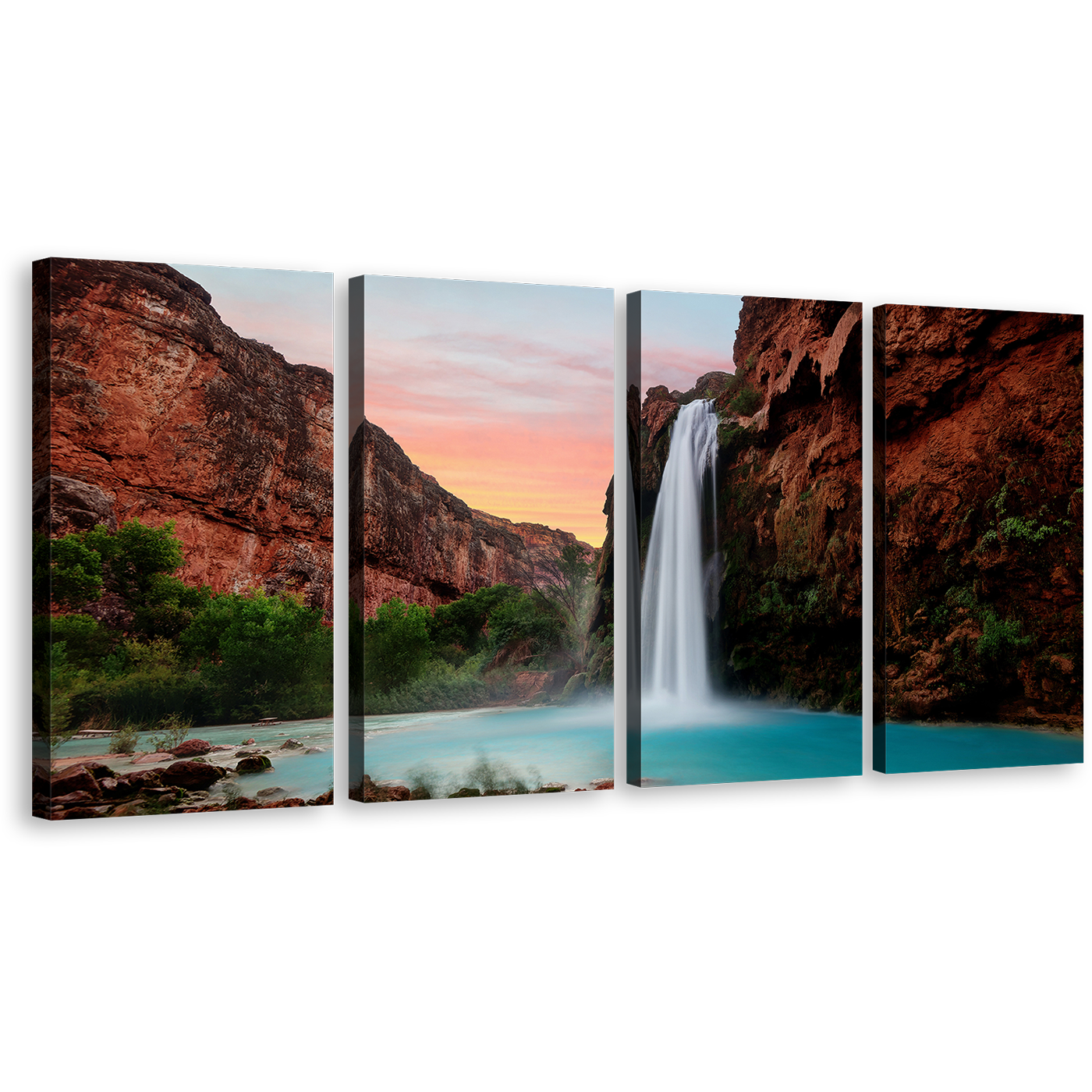 Grand Canyon Canvas Print, Blue Havasu Falls Lake 4 Piece Canvas Wall Art, Arizona Brown Mountain Waterfall Canvas Set