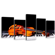 Load image into Gallery viewer, Grand Piano Canvas Wall Art, Orange Violin Canvas Print, Musical Instrument Multiple Canvas, Black Piano 5 Piece Canvas
