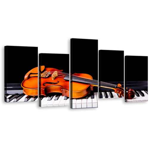 Grand Piano Canvas Wall Art, Orange Violin Canvas Print, Musical Instrument Multiple Canvas, Black Piano 5 Piece Canvas