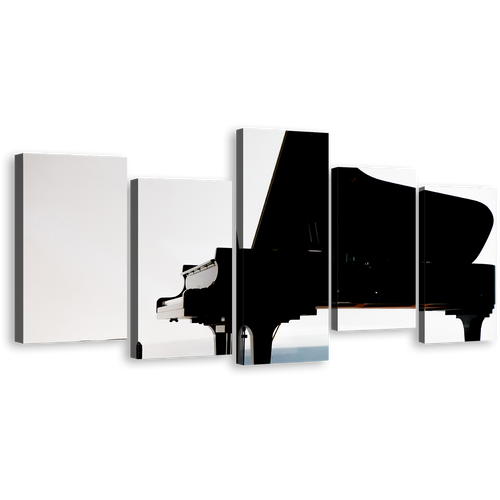 Grand Piano Canvas Wall Art, White Isolated Piano Canvas Print, Black Classical Piano 5 Piece Multiple Canvas